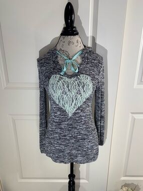 Miss Chievous Gray Marled Knit Hoodie with Mint Lace Heart Medium